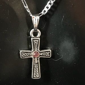 Tibetan Silver Celtic Cross Pink CZ Necklace B1-37